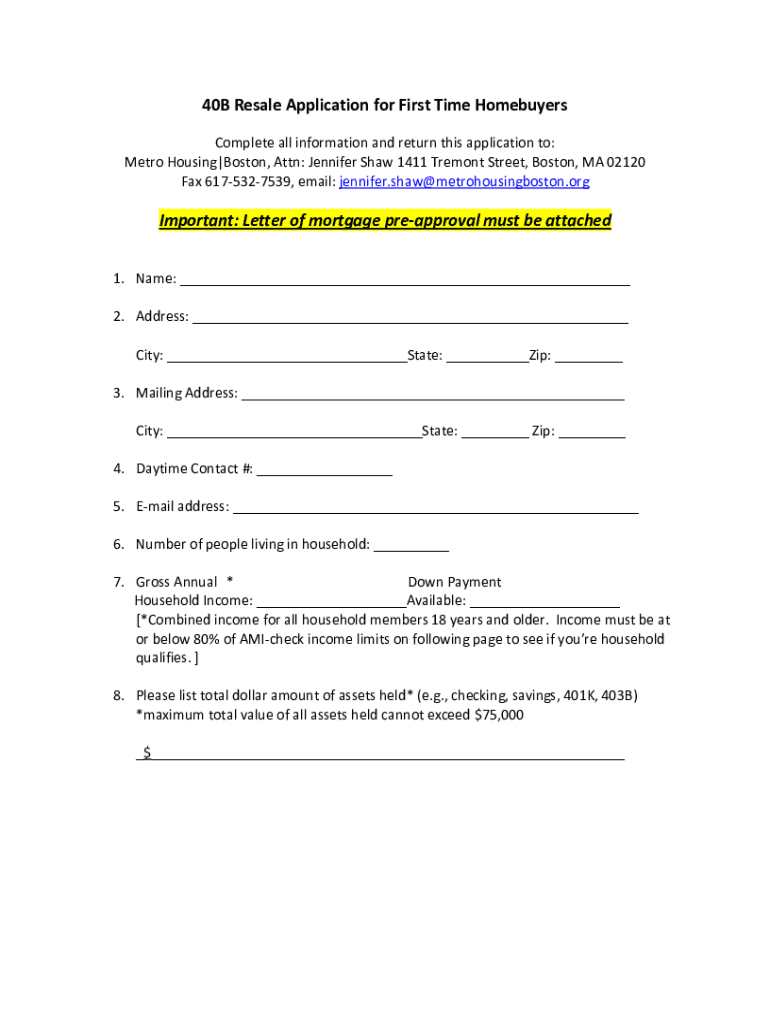 Fillable Online 40B Resale Application for First Time Homebuyers