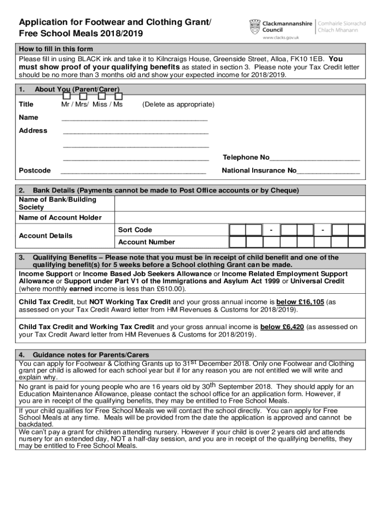 Fillable Online Application for Clothing Grant and Free School Meals