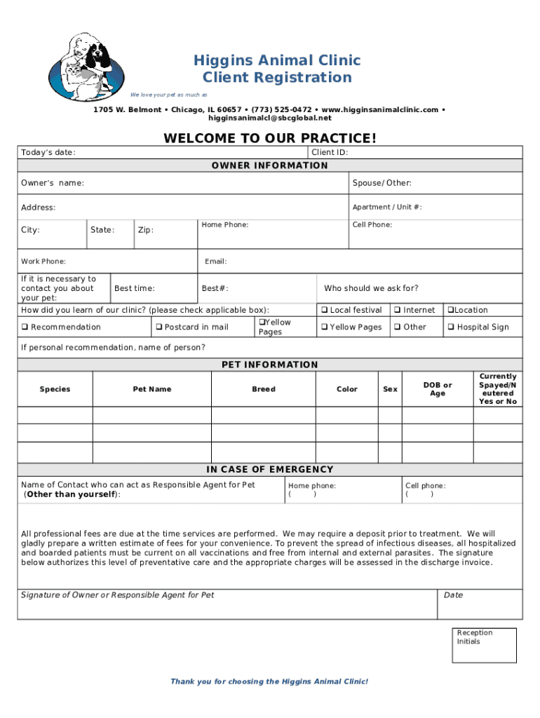TO OUR PRACTICE Higgins Animal Clinic Doc Template pdfFiller