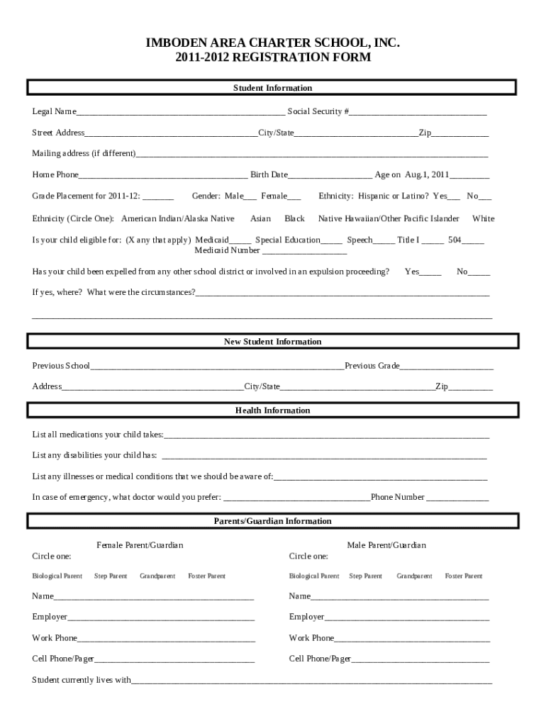 Student Registration Imboden Area Charter School Doc Template pdfFiller