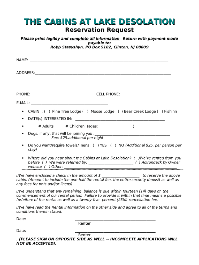 THE CABINS AT LAKE DESOLATION Doc Template pdfFiller