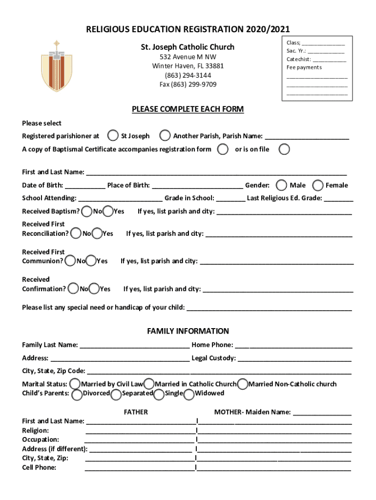 Fillable Online St Joseph Church Religious Education Registration Form