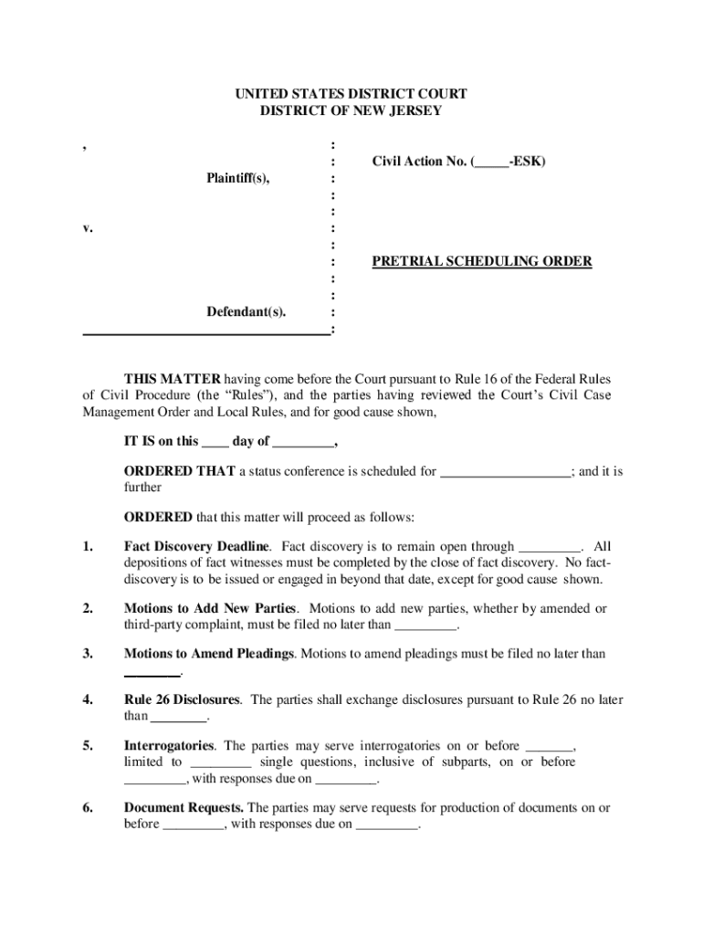 Fillable Online PRETRIAL SCHEDULING ORDER Fax Email Print pdfFiller