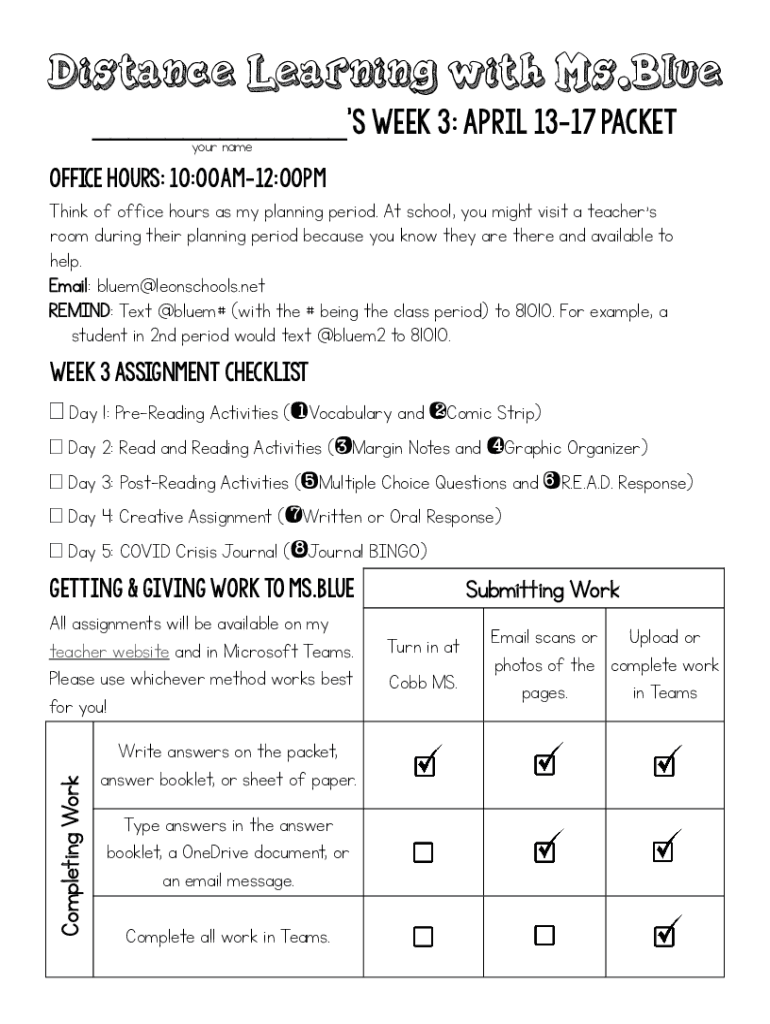Fillable Online s Week 3 April 1317 Packet Leon County Schools Fax