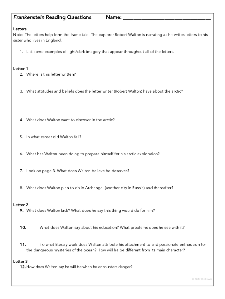 Fillable Online Frankenstein Reading Questions Name Leon County