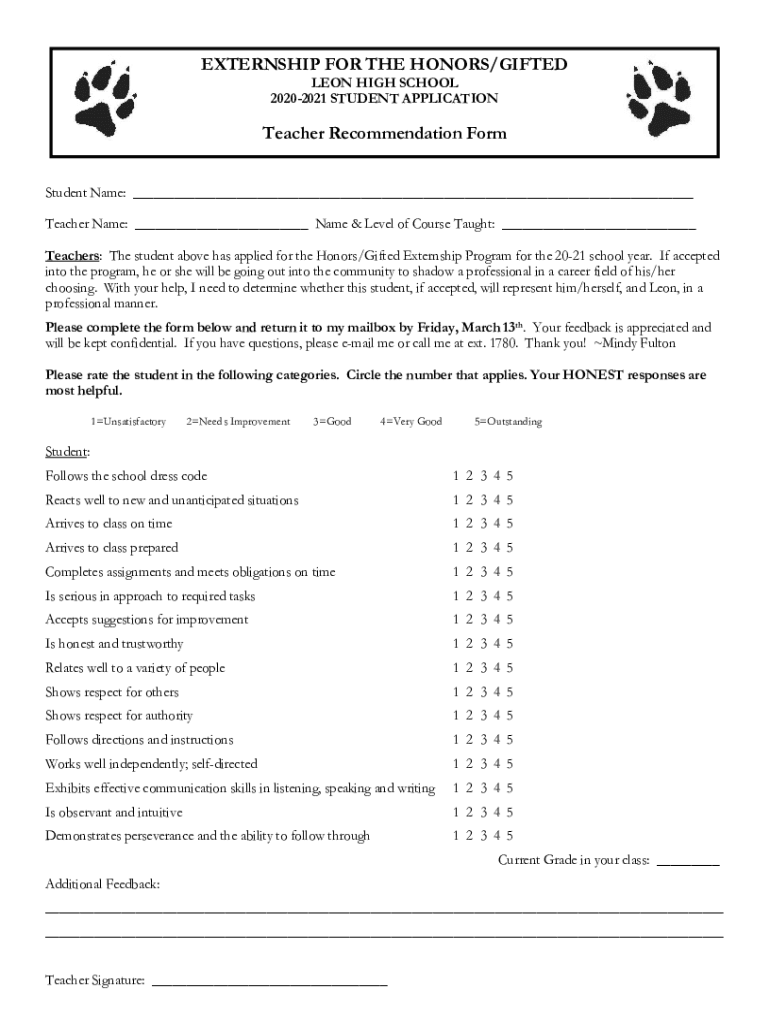 Fillable Online EXTERNSHIP FOR THE HONORS/GIFTED Leon County Schools