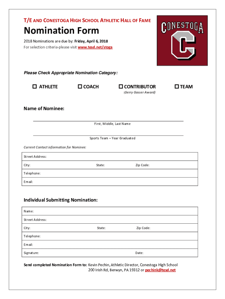 Fillable Online T/E AND CONESTOGA HIGH SCHOOL ATHLETIC HALL OF AME