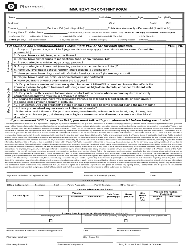 Publix Pharmacy Immunization Consent Form Fill Online, Printable