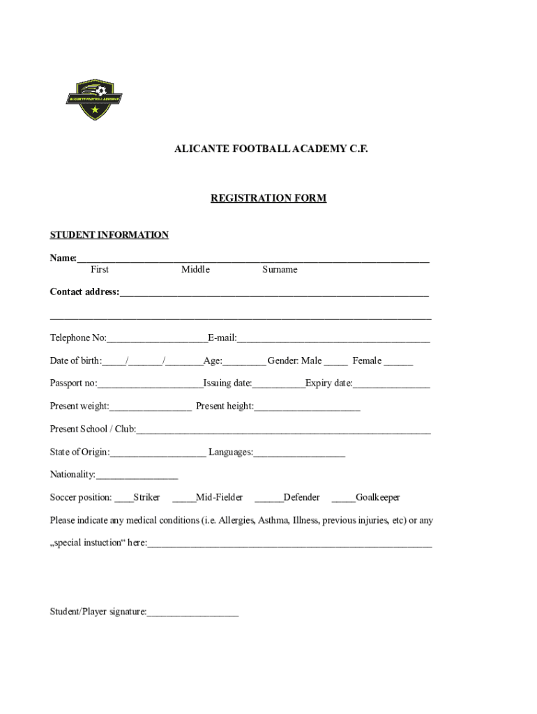 Alicante Football Academy Registration Form Fill Online, Printable