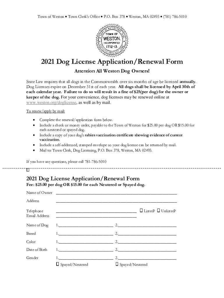Fillable Online 2021 Dog License Renewal Application Fax Email Print