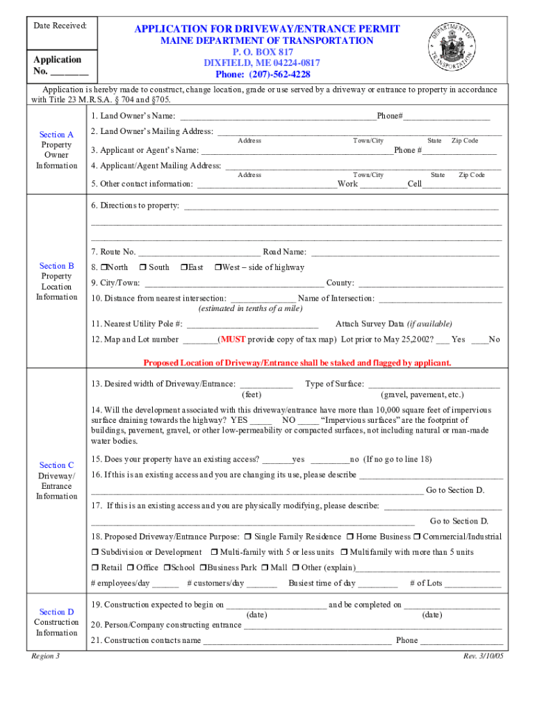 Fillable Online Maine Dot Driveway Permit Fill Online, Printable