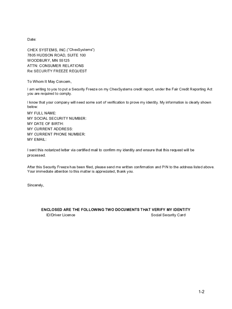 Fillable Online Chex Systems Freeze Template (Sample Letter) Fax Email
