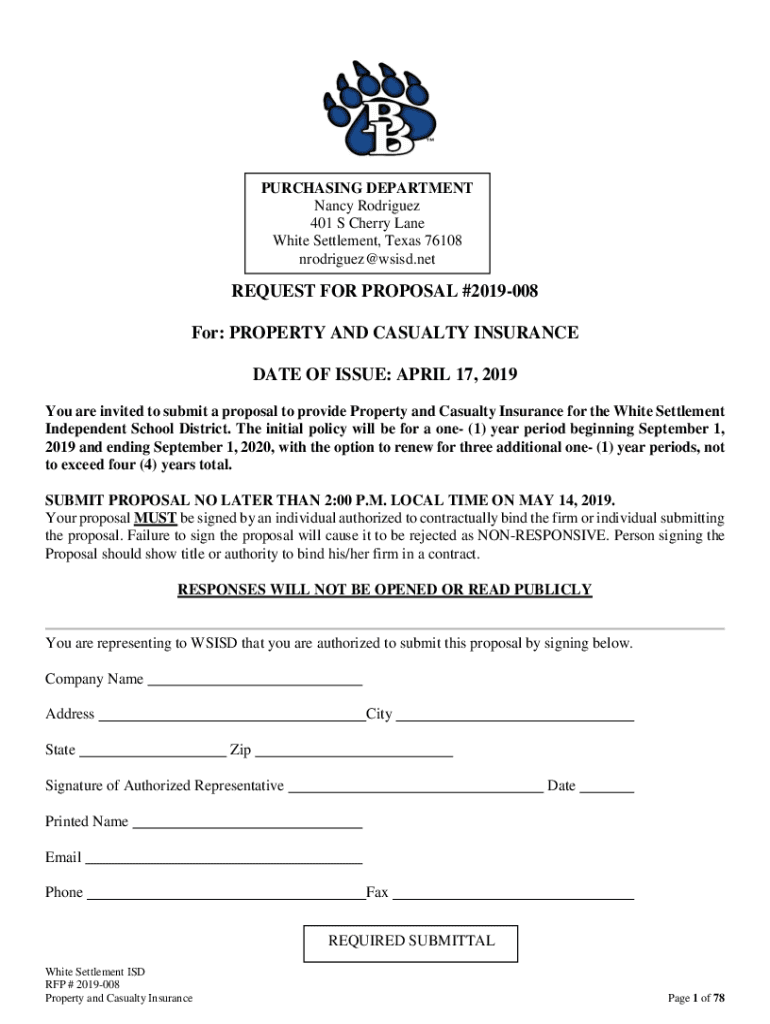 Fillable Online REQUEST FOR PROPOSAL 2019008 For White