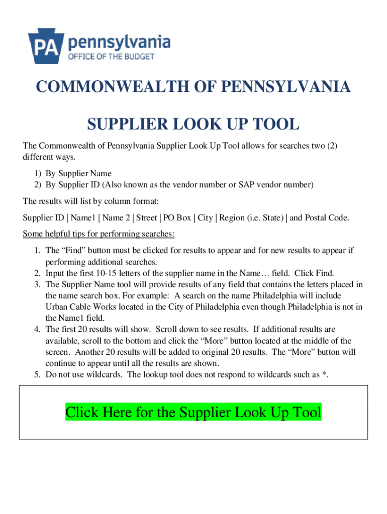 Pa Vendor Number Lookup Fill Online, Printable, Fillable, Blank