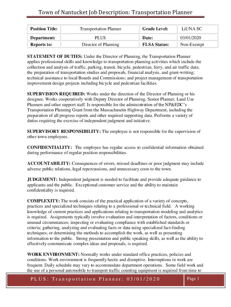 Fillable Online Town of Nantucket Job Description Transportation