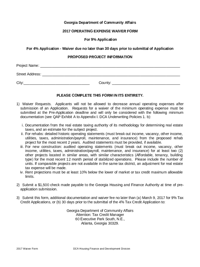 2017 OPERATING COST WAIVER Doc Template pdfFiller