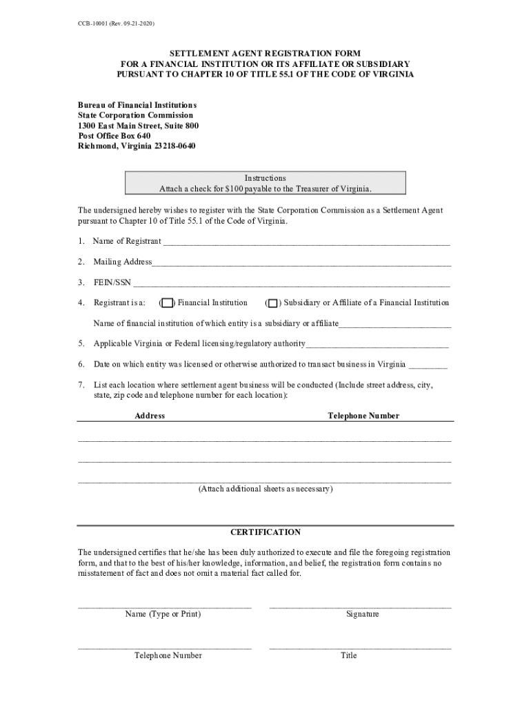Fillable Online SETTLEMENT AGENT REGISTRATION FORM Fax Email Print pdfFiller