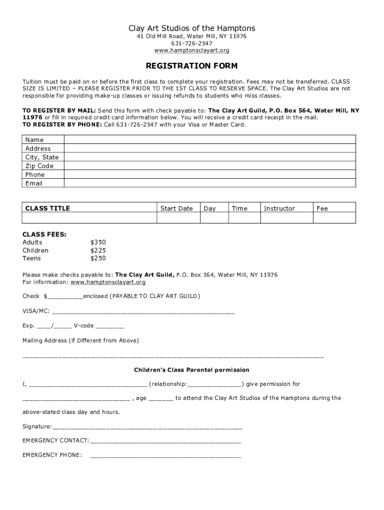 Fillable Online Clay Art Studios of the Hamptons, 41 Old Mill Rd, Water