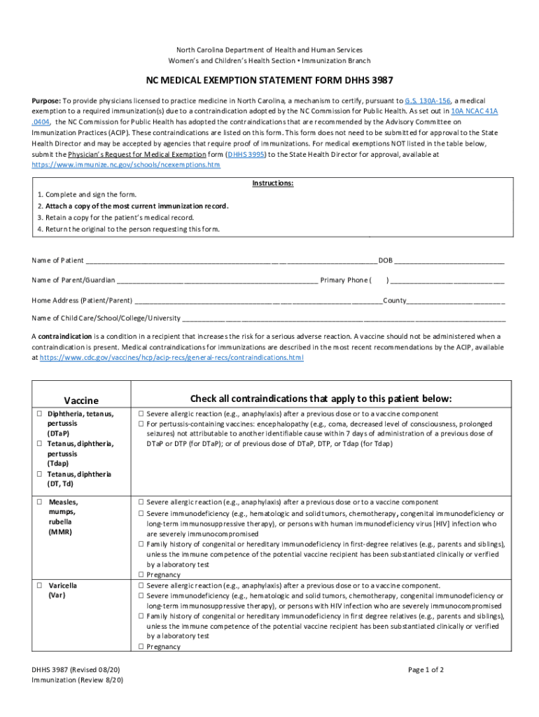 NC MEDICAL EXEMPTION STATEMENT FORM DHHS 3987 Fill out & sign