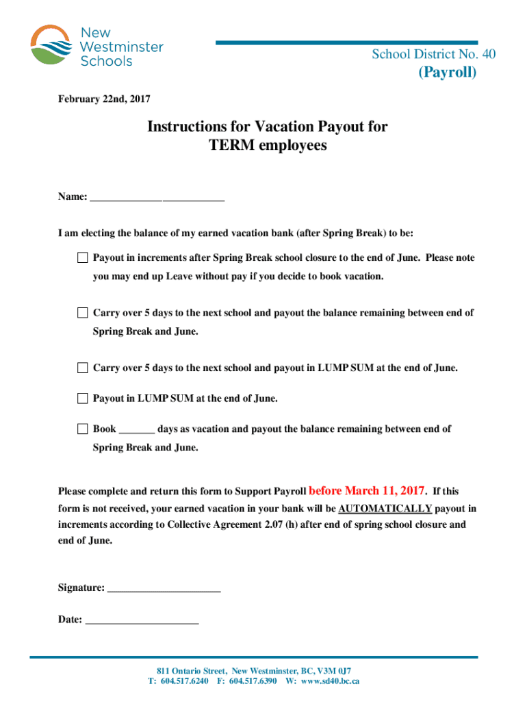 Fillable Online VacationpayoutincrementForm Fax Email Print pdfFiller