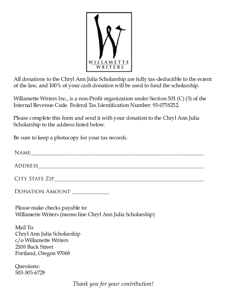 Fillable Online All donations to the Chryl Ann Julia Scholarship are
