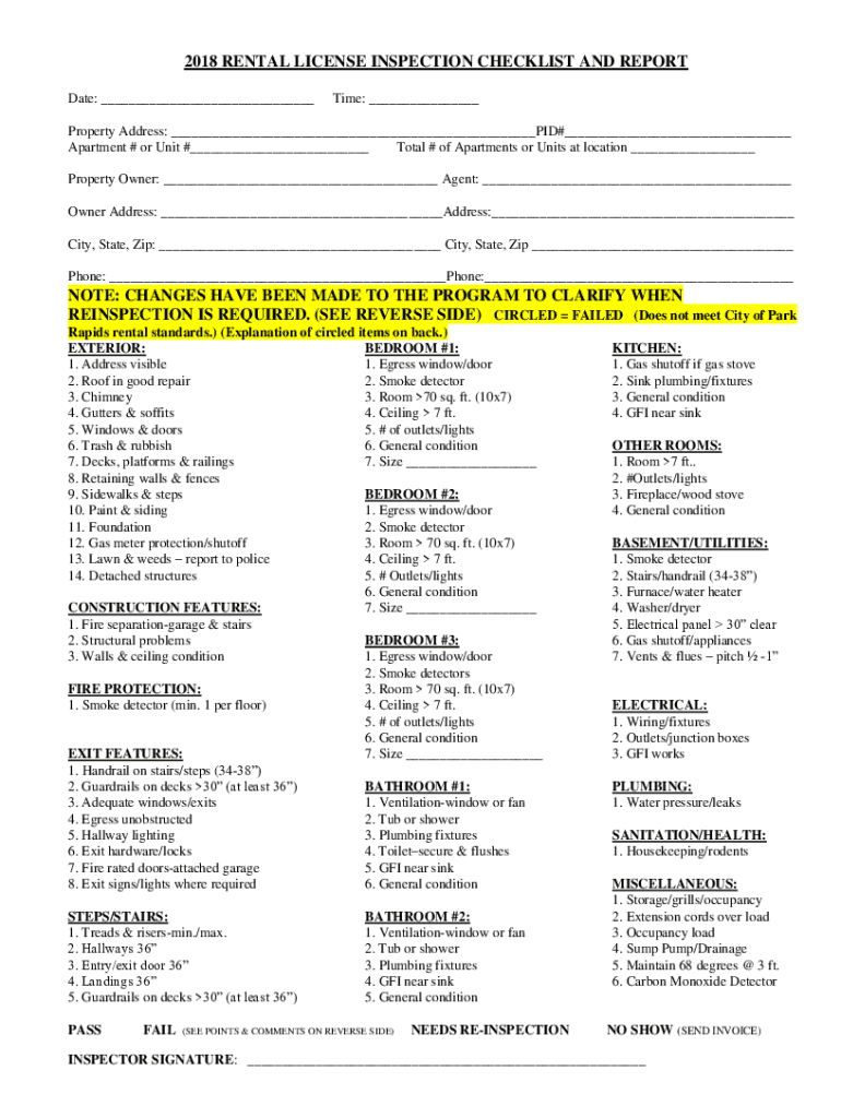 Fillable Online ci parkrapids mn RENTAL LICENSE INSPECTION CHECKLIST