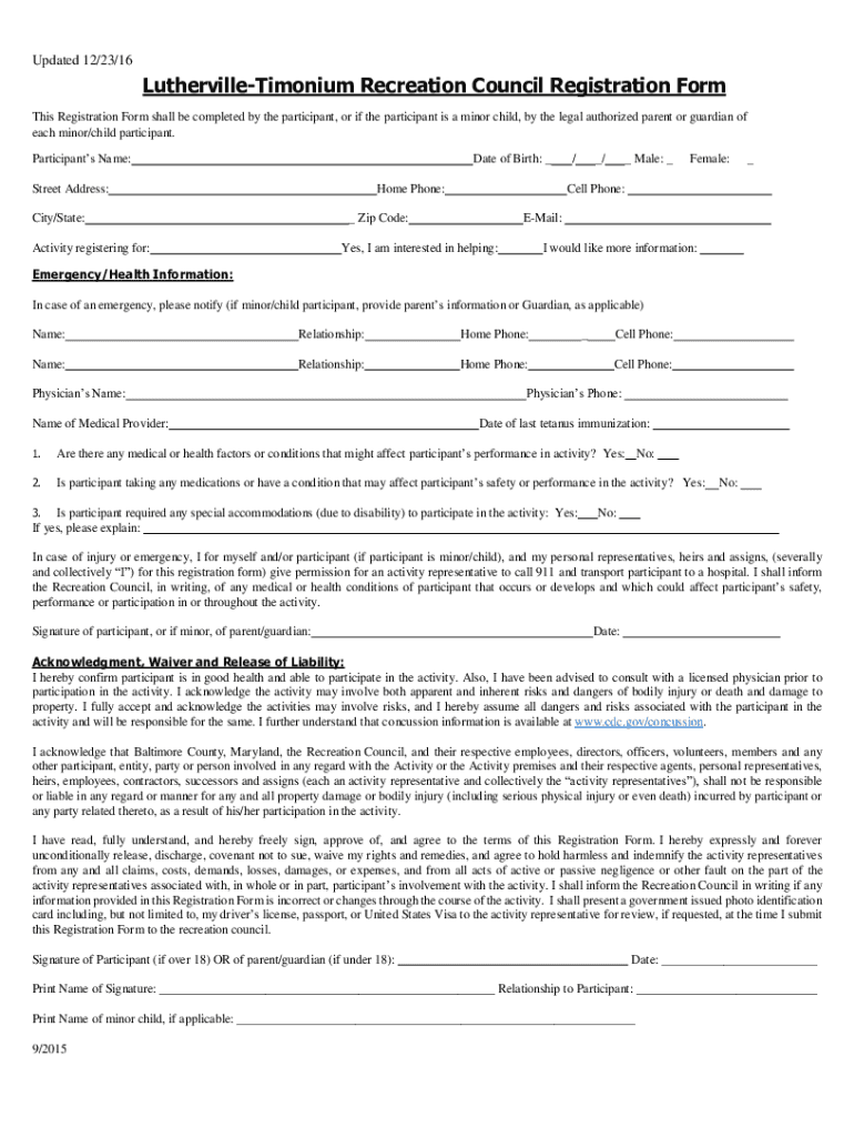 Fillable Online LuthervilleTimonium Recreation Council Registration