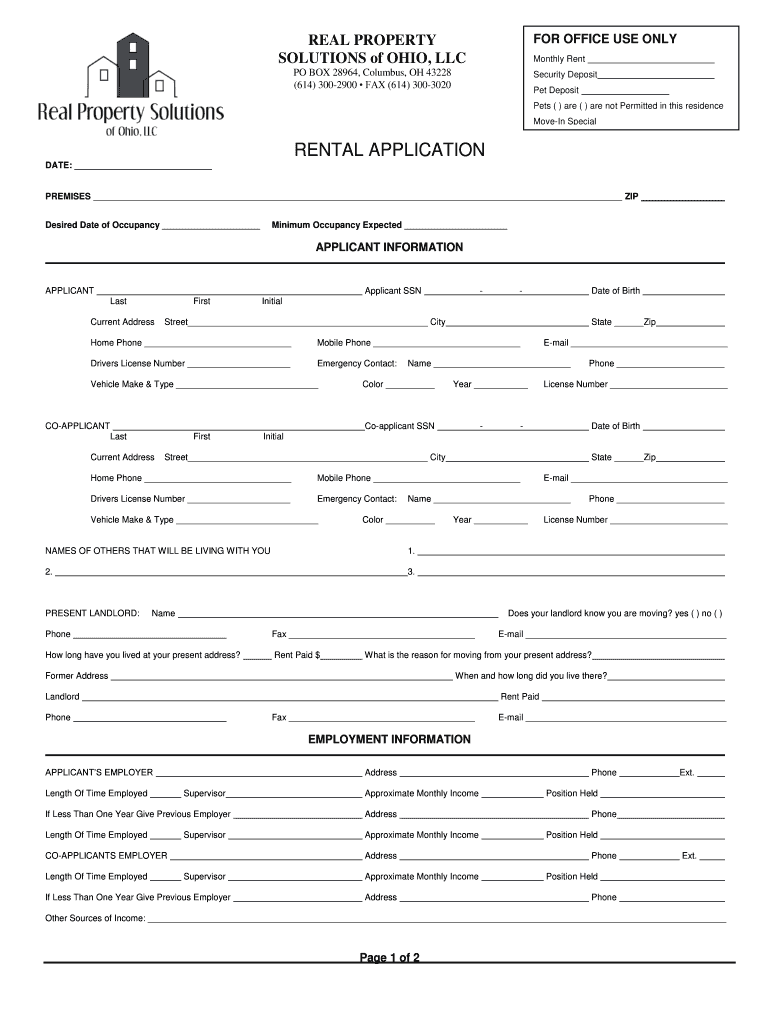 Fillable Online Printable Lease Application Central Ohio Home Rentals