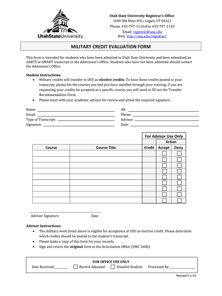 Fillable Online usu Utah State University Registrars Office usu Fax