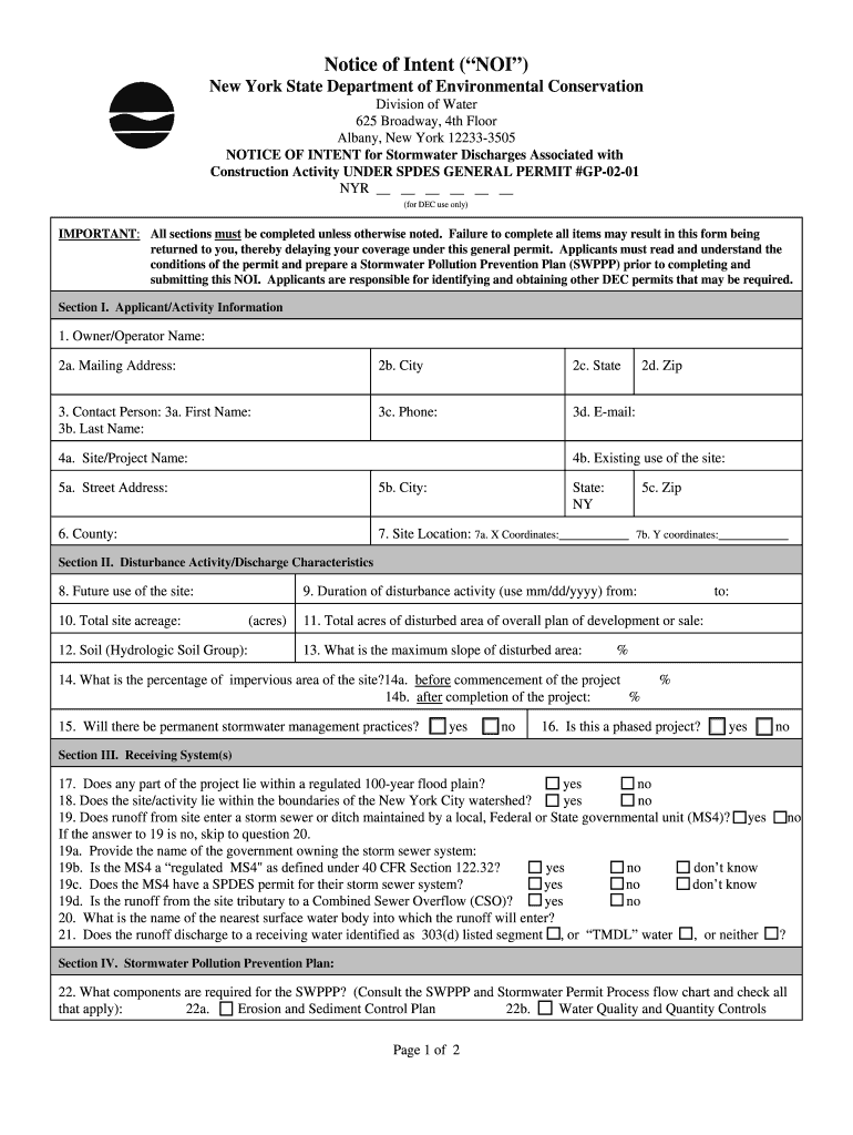 Fillable Online townofminden DEC Construction Notice of Intent Town