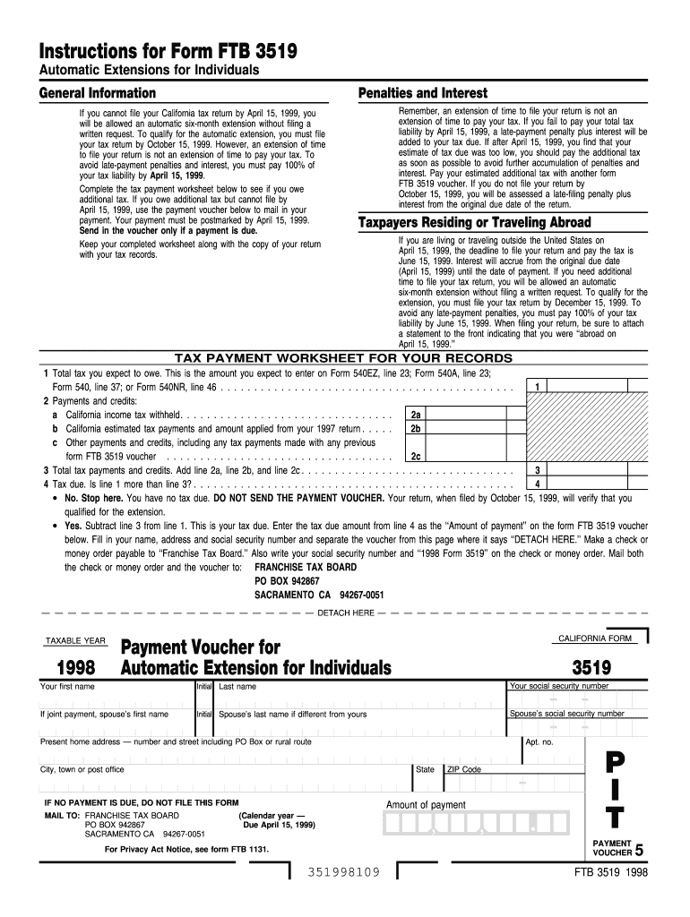 Fillable Online ftb ca 1998 FTB 3519 Payment Voucher for Automatic
