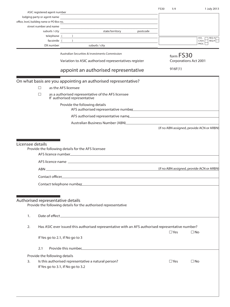 Fillable Online ASIC registered agent number FS30 1/4 1 July 2013