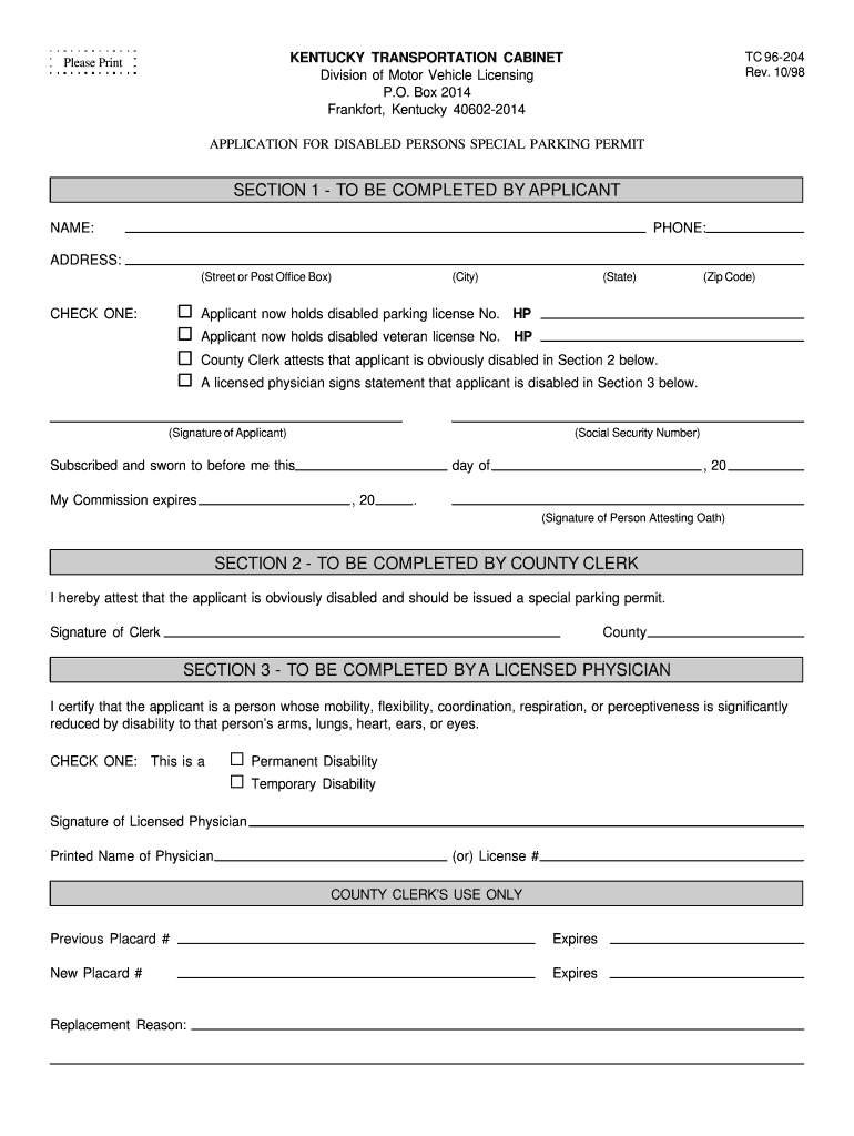 Fillable Online Application for Disabled Persons Special Parking Permit