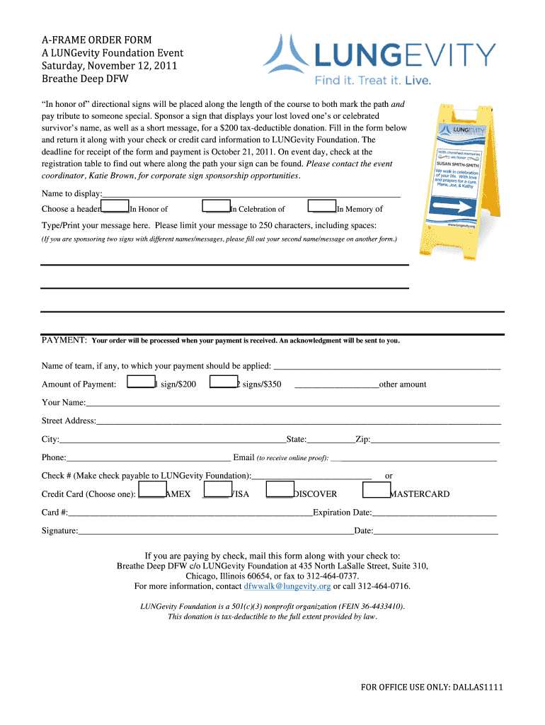 Fillable Online events lungevity DFW1111 Aframe Order Form.doc Fax Email Print pdfFiller