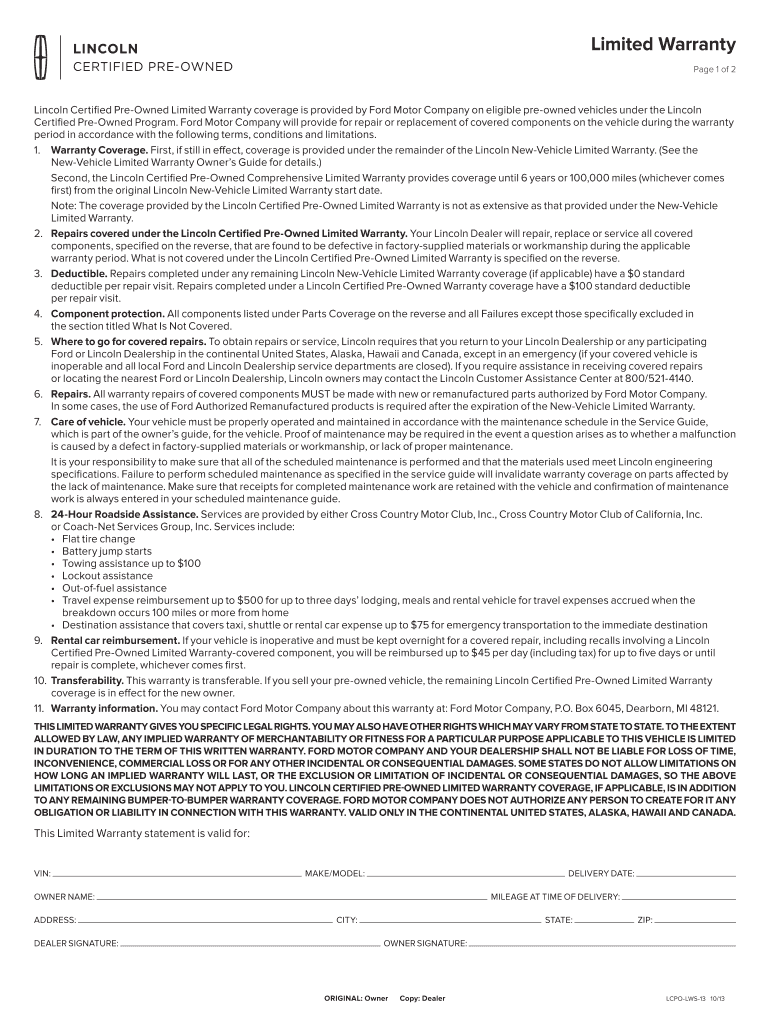 Lincoln Certified Pre Owned Warranty Pdf Fill Online, Printable