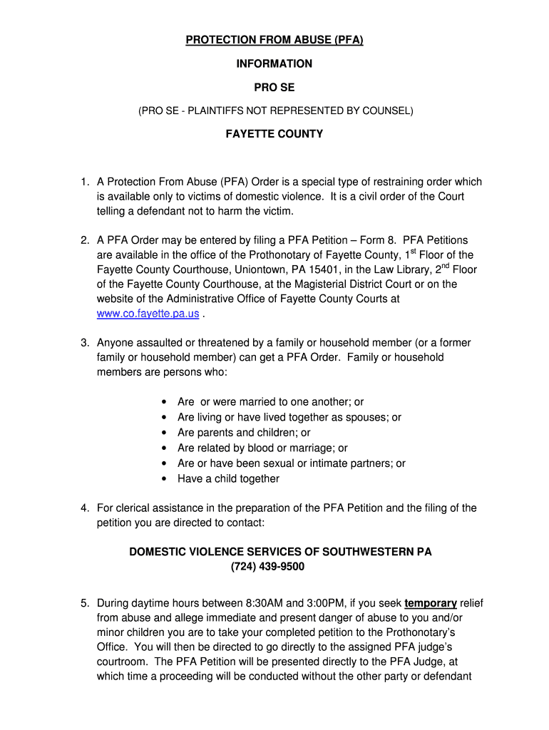 Fillable Online co fayette pa PROTECTION FROM ABUSE (PFA) INFORMATION