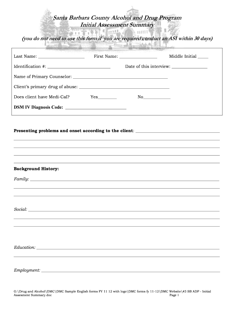 Fillable Online countyofsb Santa Barbara County Alcohol and Drug Program Initial Assessment bb
