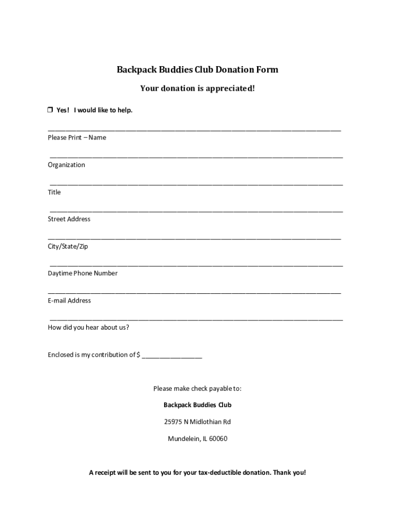 Fillable Online Backpack Buddies Club Donation Form Fax Email Print