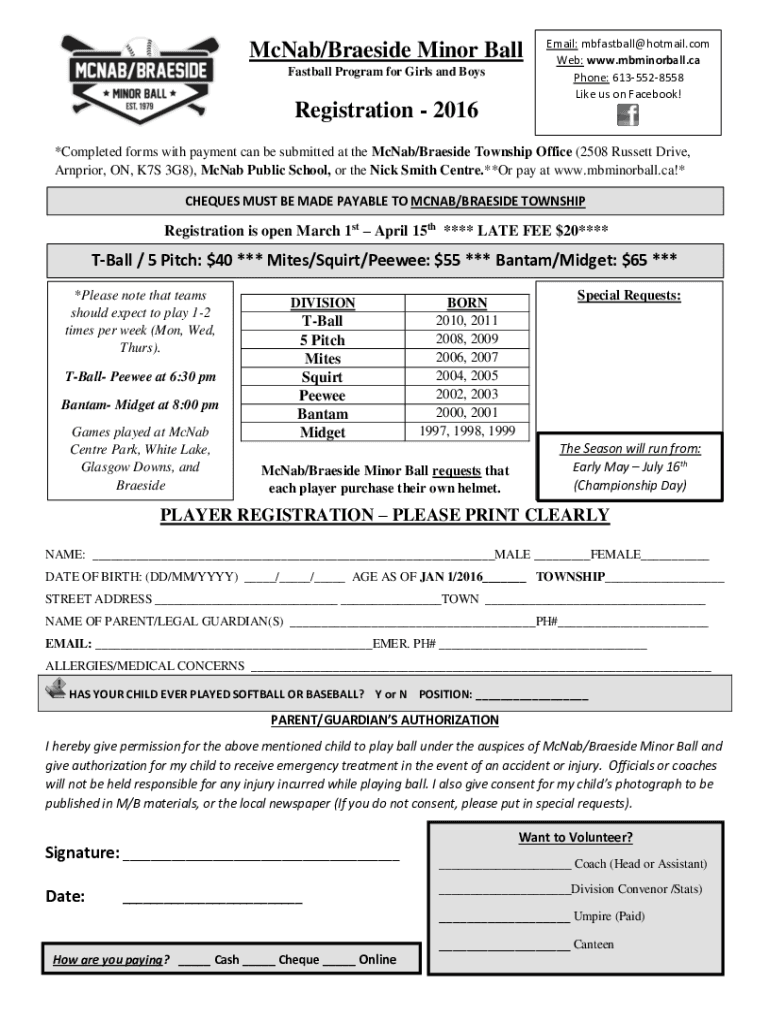 Fillable Online McNab/Braeside Minor Ball Fax Email Print pdfFiller