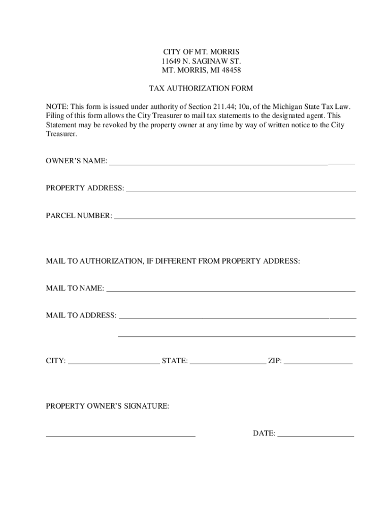 Fillable Online Tax Authorization Form City of Mt. Morris Fax Email