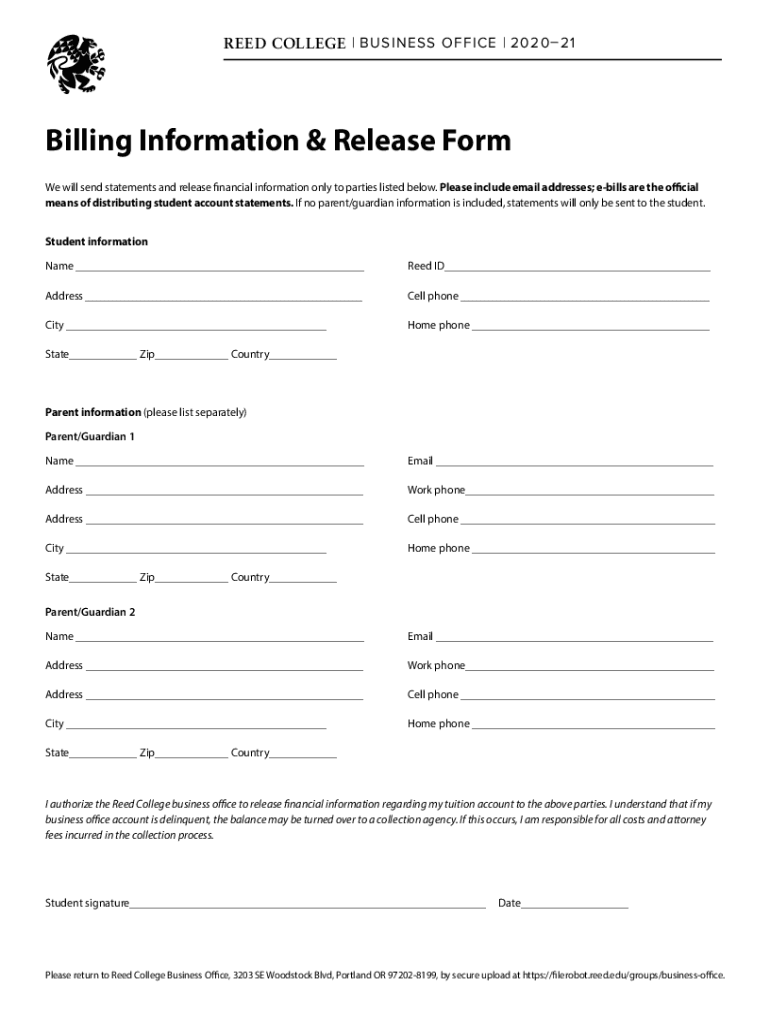 Fillable Online REED COLLEGE BUSINESS OFFICE 202021 Fax Email Print