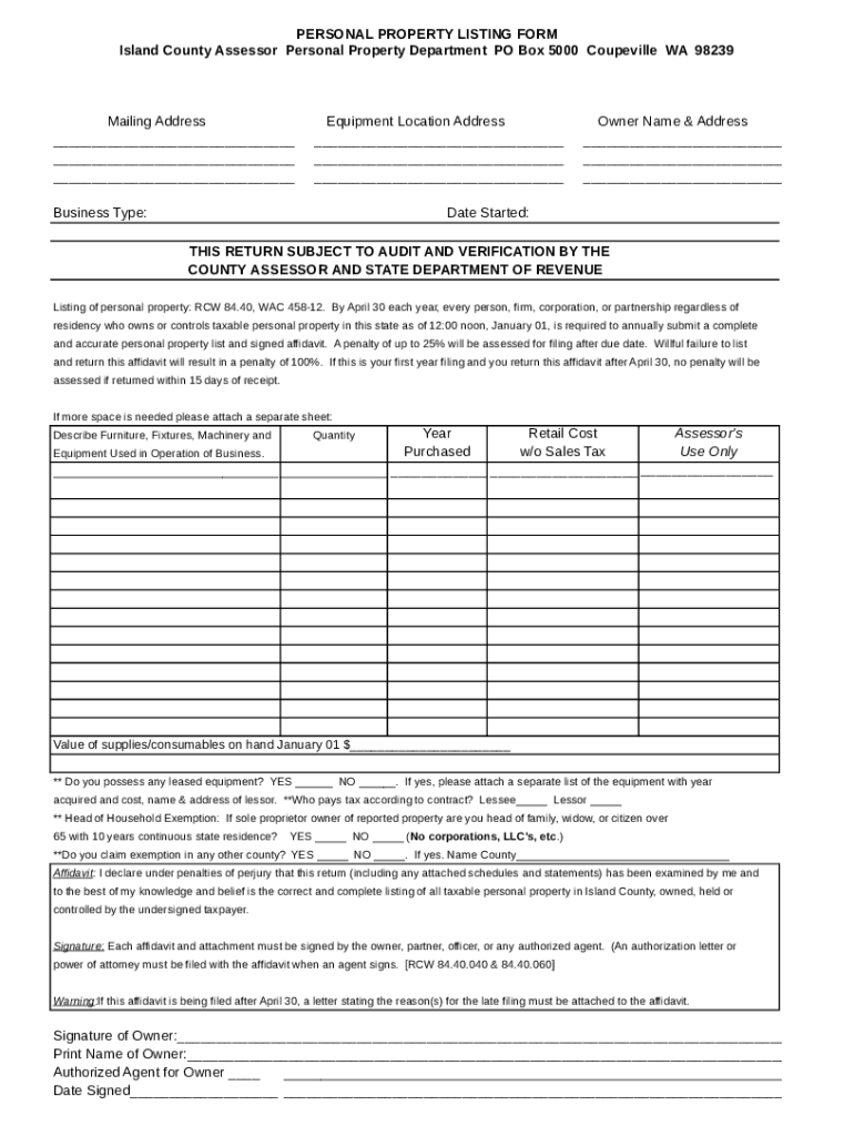 Fillable Online PERSONAL PROPERTY LISTING FORM Fax Email Print pdfFiller