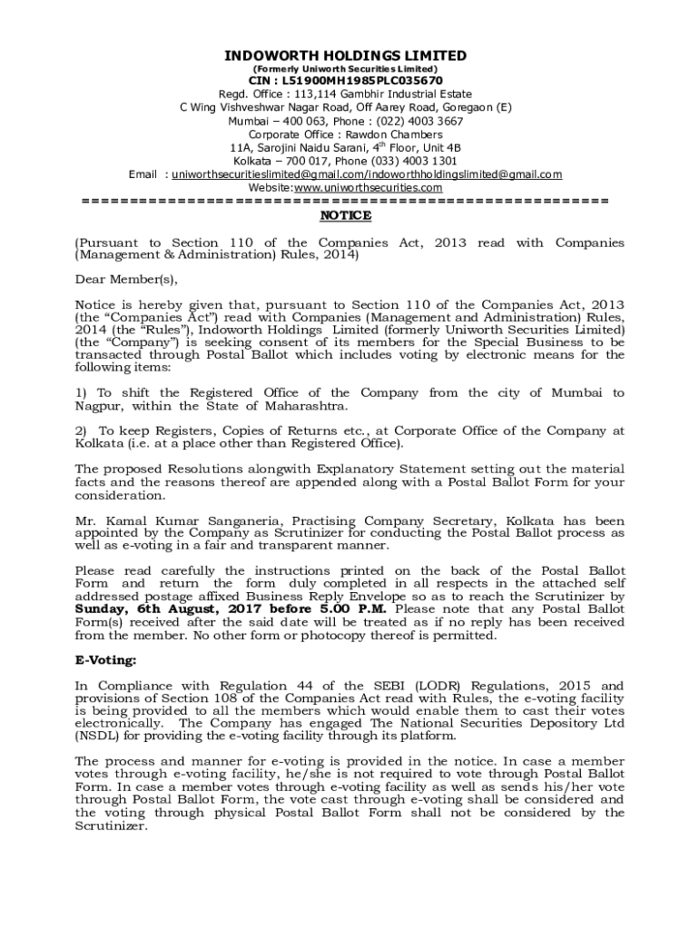 Fillable Online Postal Ballot Notice with Postal Ballot Form Fax Email