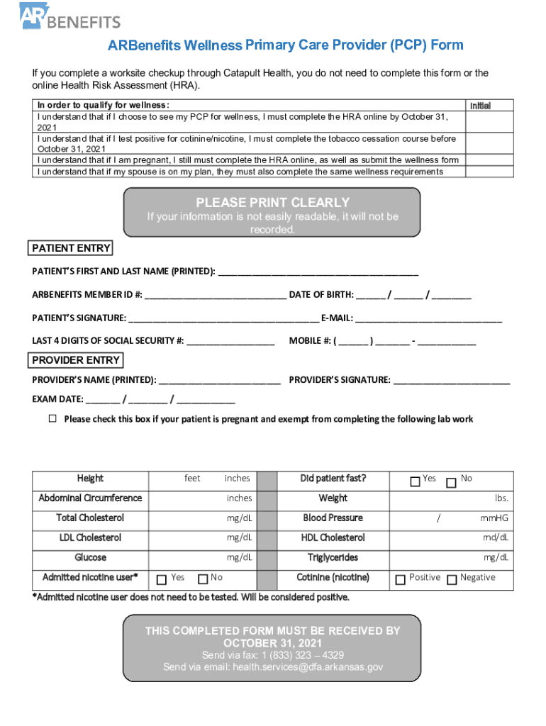 Fillable Online ARBenefits Wellness Primary Care Provider (PCP) Form