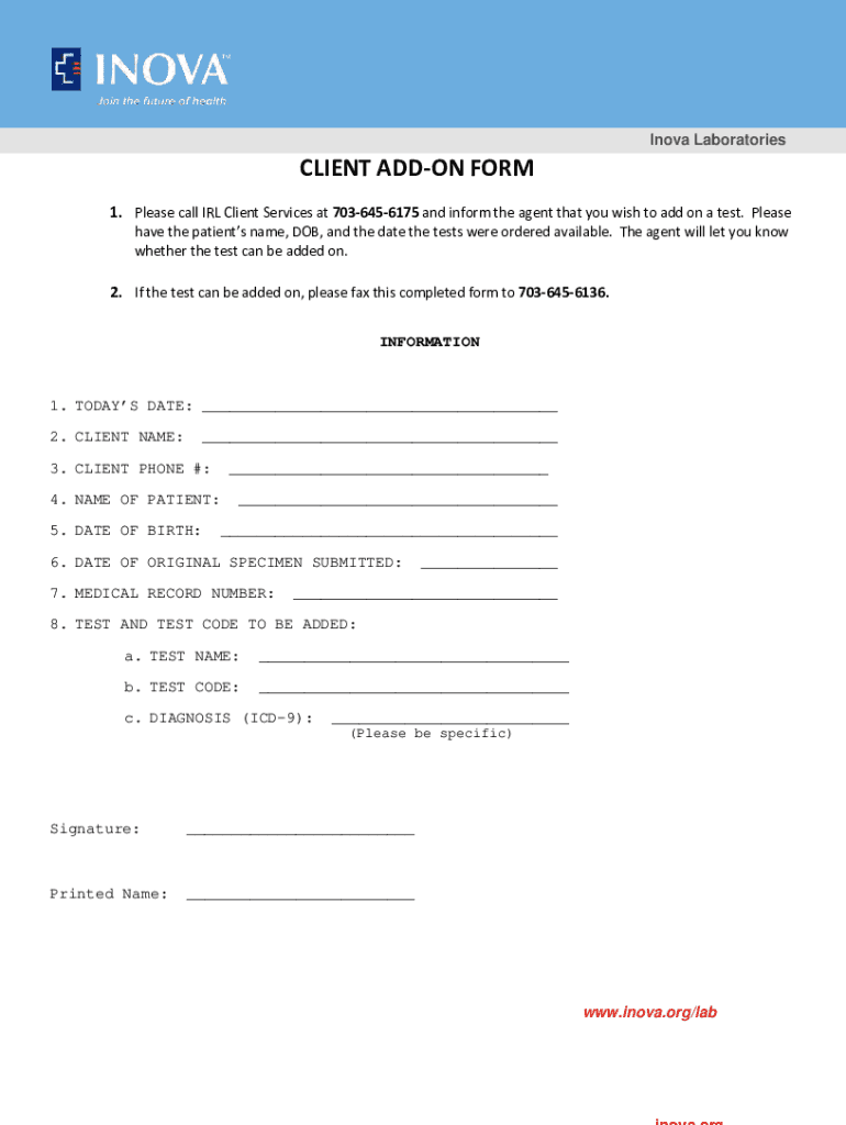 Fillable Online Inova Laboratories CLIENT ADDON FORM Fax Email Print