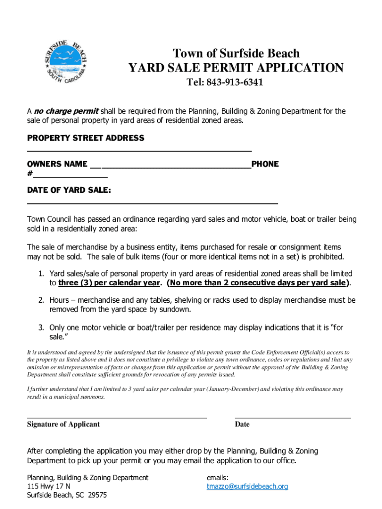 Fillable Online Town of Surfside Beach YARD SALE PERMIT APPLICATION Fax