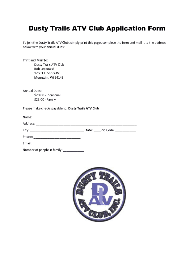 Fillable Online Dusty Trails ATV Club Application Form Fax Email Print