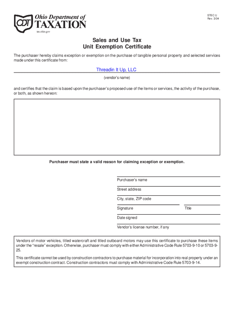 Fillable Online Form STEC U "Sales and Use Tax Unit Exemption Certificate Fax Email Print