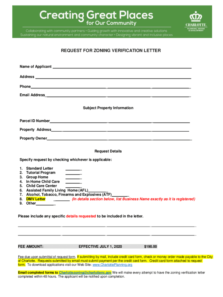 Fillable Online REQUEST FOR ZONING VERIFICATION LETTER City of