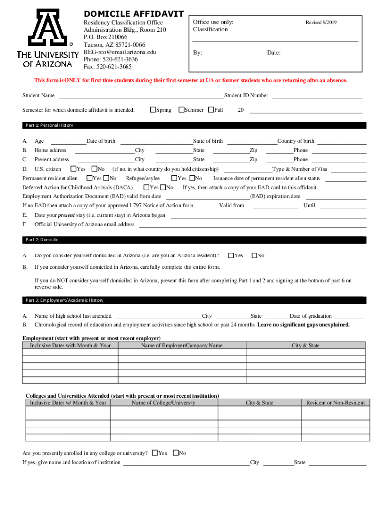 Fillable Online registrar arizona DOMICILE AFFIDAVIT Residency University of Arizona Fax